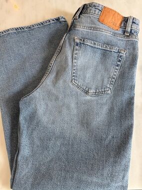 Zara Pale Blue Wide-Leg Jeans with Leather Patch